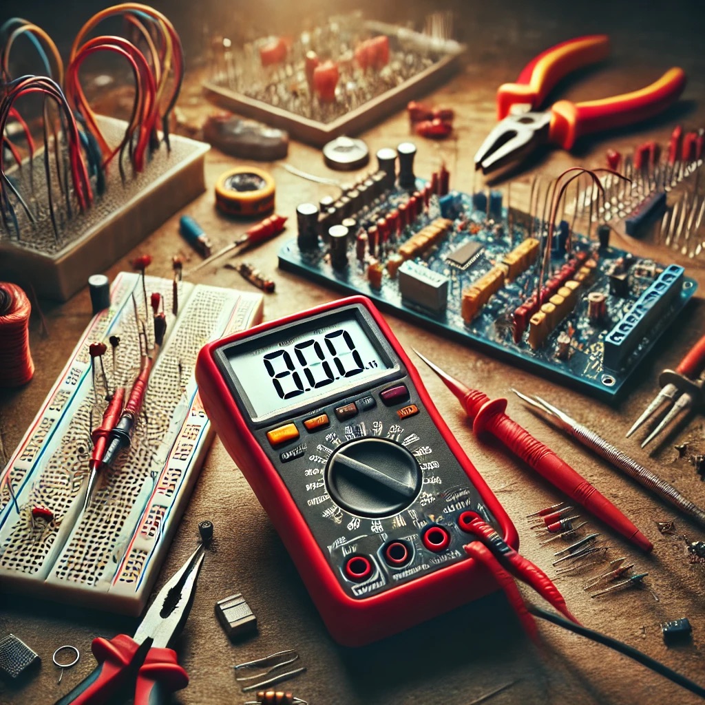 Red multimeter on a cluttered electronics workbench, displaying voltage readings on its digital screen. The multimeter is surrounded by various electronic components including resistors, capacitors, and a breadboard with connected wires. Additional tools like pliers, wire cutters, and a soldering iron are scattered around, reflecting an active electronics repair or testing session. The scene is set in a well-lit, organized workspace designed for technical work, emphasizing the use of the multimeter for measuring electrical values during a circuit-building project.