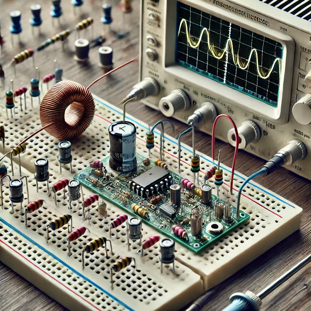 An electronic oscillator circuit with LC configuration, showing a connected oscilloscope displaying a sine wave.